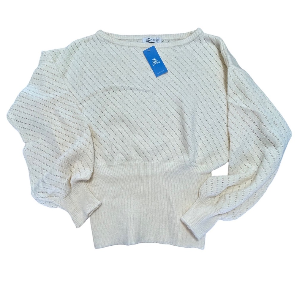 Cupshe Women‎ Cream Pointelle Knit Balloon Sleeve Sweater Boat Neck NWT Small